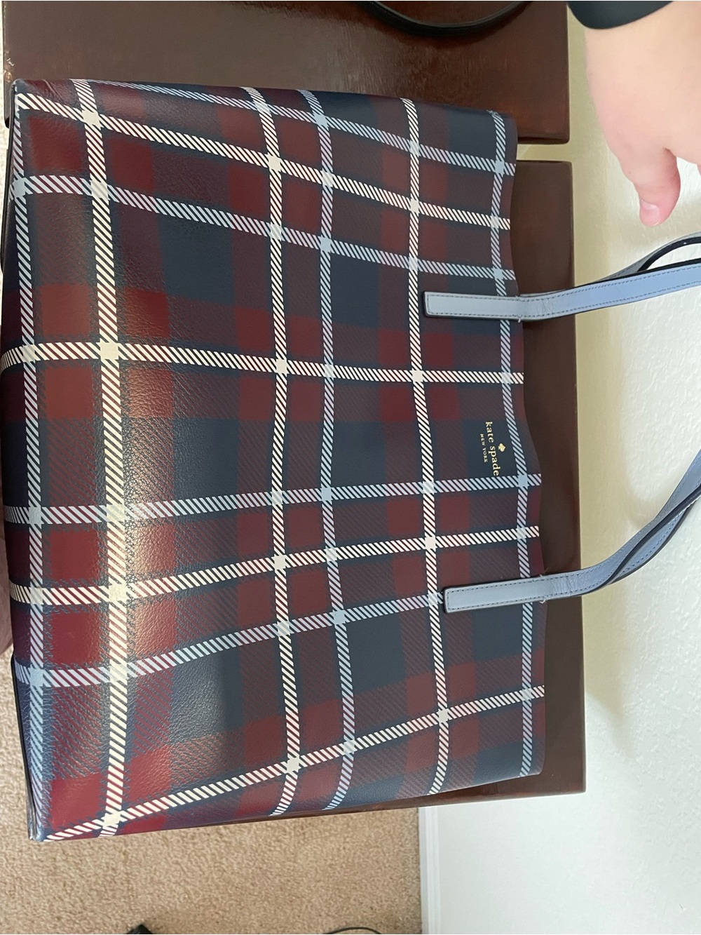 kate spade Reversible Plaid Tote in Burgundy, Navy & Light Blue